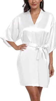 Produktbild von Famanu Kimono-Bademantel Satin - Kurz, V-Hals, verschiedene Farben