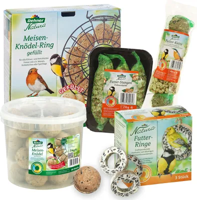 Produktbild von Dehner Natura Premium Wildvogelfutter, Starterset, Meisenknödel-Ring und Futtermix, Ganzjahresfutter energiereich / kraftspendend, hochwertiges Vogelfutter für Wildvögel, 5-teilig