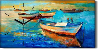 Produktbild von Leinwand Uhr Küche Wohnzimmer Bild 60x30 Bild Meer Boote bei Sonnenuntergang - schwarze Hände
