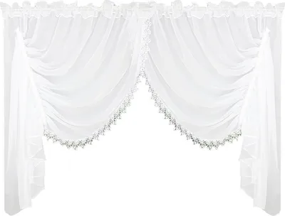 A white sheer curtain with decorative trim.