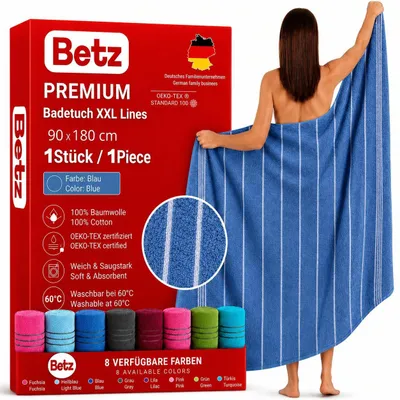 Produktbild von Betz Badetuch XXL Lines 90x180 cm – 100% Baumwolle, weich & saugstark – Strandtuch für Urlaub, Pool, Sauna, Outdoor – modernes Streifendesign- blau