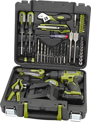 Zdjęcie produktu dla Wiertarko-wkrętarka akumulatorowa EXTOL CRAFT, BRUSHLESS, 20V Li-ion, 2Ah, ZESTAW NARZĘDZI 46KS