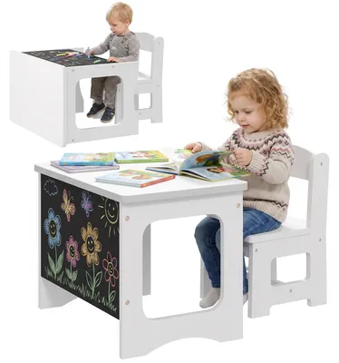 Immagine prodotto di AIYAPLAY Set Tavolo e Sedia per Bambini 3-6 Anni in Legno con Piano Reversibile, Angoli Arrotondati, Bianco
