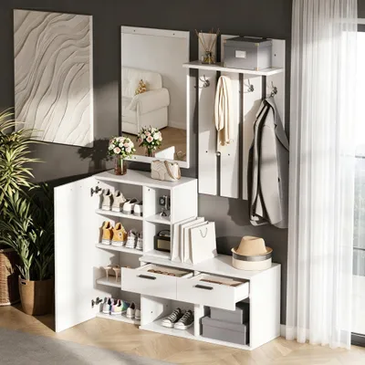 Produktbild von Garderobe im Flur Garderobenständer für den Eingangsbereich inklusive Schuhschrank Spiegel und Kleiderhaken Kompaktgarderobe mit 2 Schubladen