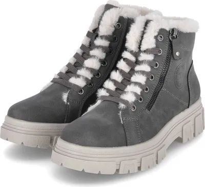 A pair of gray winter boots with white fur trim and thick soles, shown against a white background.
