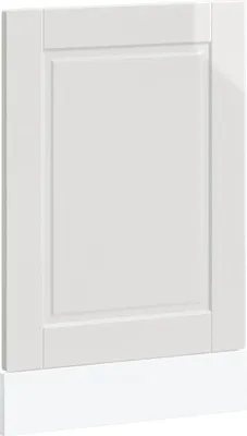 A close-up, front-facing view of a white dishwasher front panel with a subtle inset design.