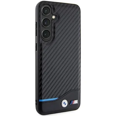 A black phone case with a carbon fiber texture and BMW branding.