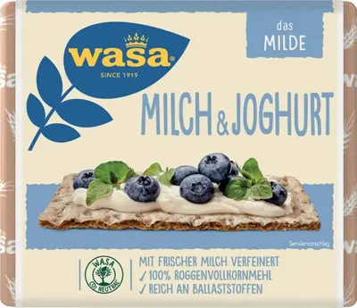 The image shows the packaging of Wasa Knäckebrot Milch&Joghurt.