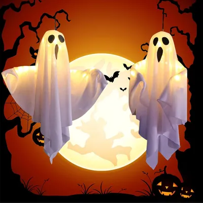 Zdjęcie produktu dla Dekoracje na Halloween: duchy - zestaw 2 sztuk - wiszące dekoracje w kształcie duchów z podświetleniem LED, 3 sztuki - dekoracje w kształcie duchów do ogrodu