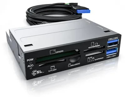 A front panel card reader with USB ports and various card slots, connected to a cable, is shown against a white background.