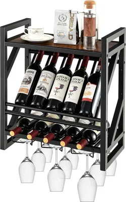 Produktbild von GOPLUS 3-stöckiger Weinregal für 10 Flaschen, Wandregal mit Glashalter, Metallgestell, Flaschenregal für Küche & Esszimmer, 51 × 26,5 × 60cm