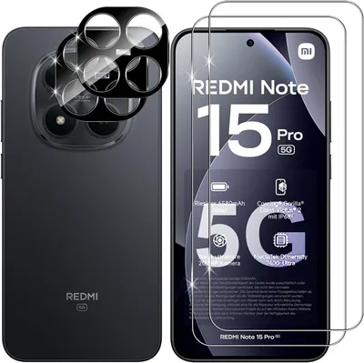 Produktbild von CLM-Tech 4er Set Schutzfolie kompatibel mit Xiaomi Redmi Note 15 Pro 5G 6,83 Zoll - 2X Panzerfolie + 2X Kameraschutz Kameraglas Panzerglas Displayschutz 9H Glas - Folie kristallklar