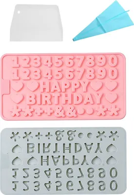 Obrázek produktu pro 2 kusy Číslo a HAPPY BIRTHDAY Čokoládové gumové formy Silikonové formy na pečení s nepřilnavým povrchem pro výrobu kostek ledu, želé, čokolády, mýdla, tvarování sladkostí, s potrubím a škrabkou