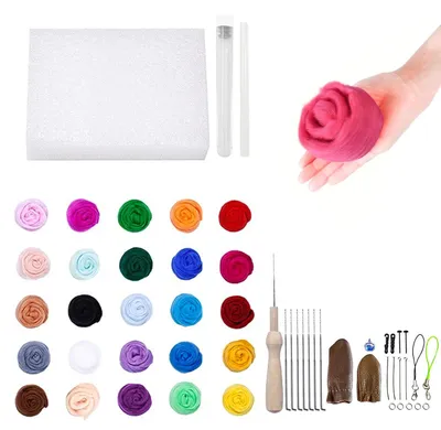 Produktbild von Filzwolle-Set - 25 Farben mit Werkzeug und Anleitung - für DIY - je 2 g