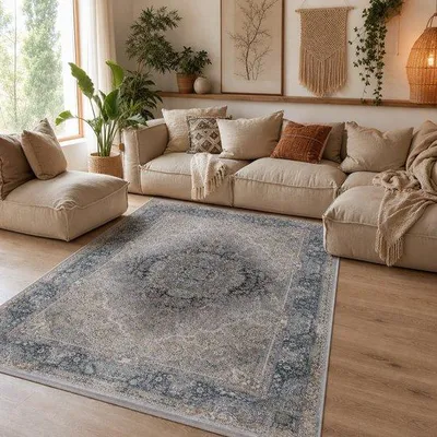 Image de Tapis oriental classique Unyqoos® : à poils courts, lavable, 100% polyester, envers antidérapant, gris et bleu, 140x200 cm, STANDARD 100 par OEKO-TEX