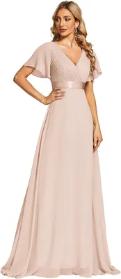 Produktbild von Chiffon-Abendkleid mit V-Ausschnitt, kurzen Ärmeln und Rüschen, knielanger Schnitt