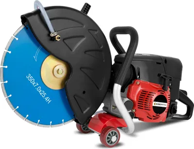 A concrete saw with a blue cutting disc and a red engine, shown against a white background.