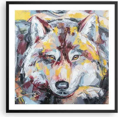 Produktbild von Gerahmtes Poster - Schwarzer Rahmen - Öl Wolf Hund - 60x60 cm - Wand Bild - Wanddeko - Wandbilder - Kunstposter - Wandposter - Bilderrahmen - Bilder - Kunstdruck - Wanddekoration - P2BAC60x60-4673