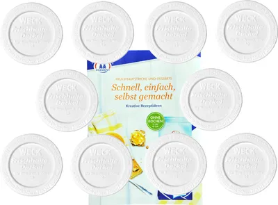 Zdjęcie produktu dla zestaw 10 pokrywek Weck keep-fresh 60 mm wraz z książeczką z przepisami na magię żelowania od Diamantzucker