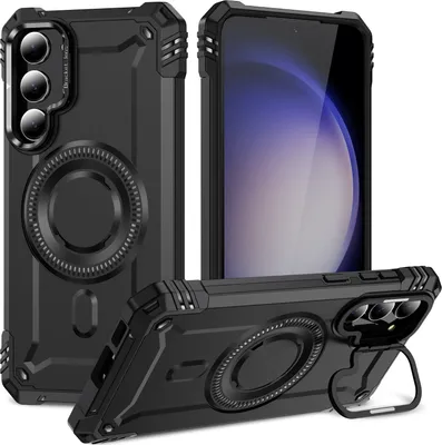 Obrázek produktu pro Magnetické pouzdro pro Samsung Galaxy S23, robustní vojenské ochranné pouzdro s kamerovým kroužkem stojánkem Černý