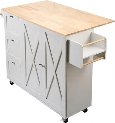 Image de Îlot de cuisine Deluxe – Chariot de cuisine et table d'appoint – Avec tiroirs, étagères et porte-serviettes – 1430 x 680 x 990 mm – Blanc