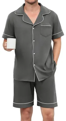 Immagine prodotto di Solidchoice - Pigiama da uomo in cotone - Pigiama corto - Set composto da due pezzi - Set per il tempo libero - Cordoncino regolabile - Elegante colletto a revers - Abbigliamento da casa