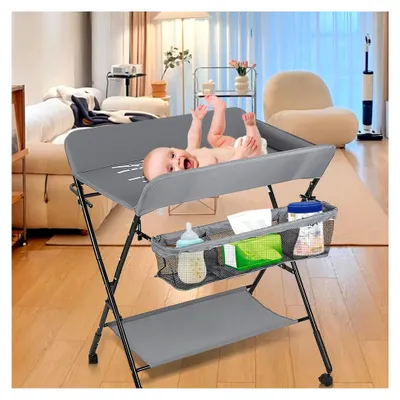 Produktbild von Klappbarer Wickeltisch für Babys, mobiler Wickeltisch mit Rollen und Wickelauflage, wasserdicht und höhenverstellbar, Wickelkombi mit Ablagefächern - 80 * 66 * 98 cm grau