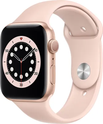 A close-up studio shot of an Apple Watch Series 6 with a rose gold aluminum case and a pink band, displayed against a white background.