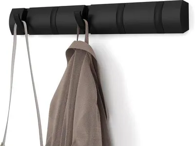 Produktbild von Metallischer Wandhalter mit 5 Klapphaken - Einbauhalter für Eingang, Badezimmer und Schlafzimmer - schwarz - 35x5x2cm