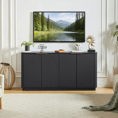 Immagine prodotto di Credenza nera da 160 cm con strisce verticali e profilo ondulato, mobile contenitore e mobile TV per soggiorno, camera da letto e ingresso, 160x80x40 cm