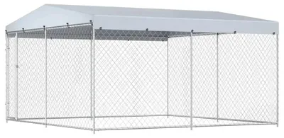Obrázek produktu pro Venkovní psí výběh se střechou – psí bouda – z nerezové oceli – 382 x 382 x 225 cm – Velký venkovní prostor pro psy – barva armádní zelená
