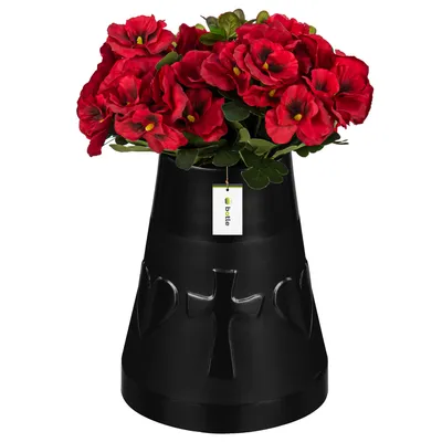 Produktbild von Friedhofsvase in Kegelform Grabstein Grabdekoration Grabsteckvase Blumenvase mit Herz- und Kreuzdekor H 25,5 cm Ø 11 cm Graphit Grabblumenkompositionen für lebende und künstliche Blumen