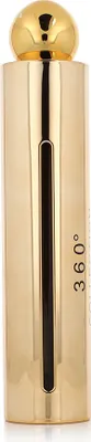 A close-up of a gold-colored perfume bottle.