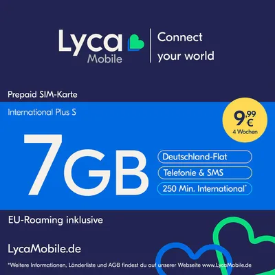 Produktbild von Lyca Prepaid Smartphone SIM Karte ohne Vertrag International Plus S 7GB 250 Min