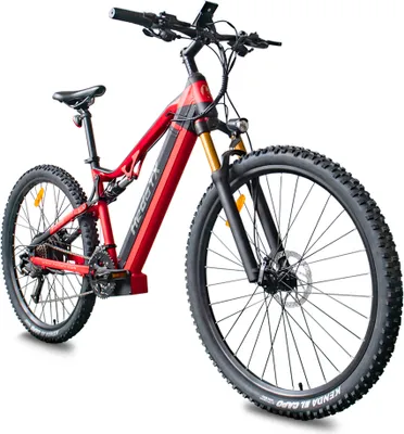 A red electric mountain bike is shown against a white background.