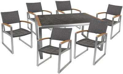 Garten Tischgruppe AVERNA 7-tlg. mit rechteckigem Tisch und sechs Stühlen mit Rückenlehne, Gesamtansicht.