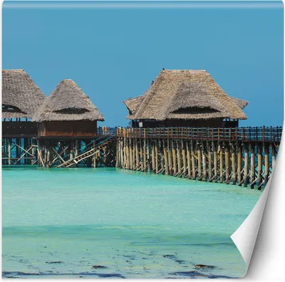 Produktbild von Vlies fototapete Bungalow am tropischen Strand 150x150 cm Feeby Blau inkl. Kleber einfache Montage