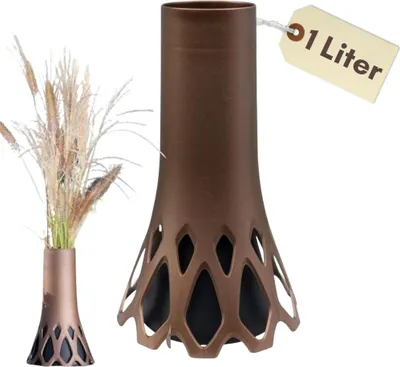 A collage showing a bronze vase with a decorative base, both with and without dried grass in it. A tag indicating '1 Liter' is attached to one vase.