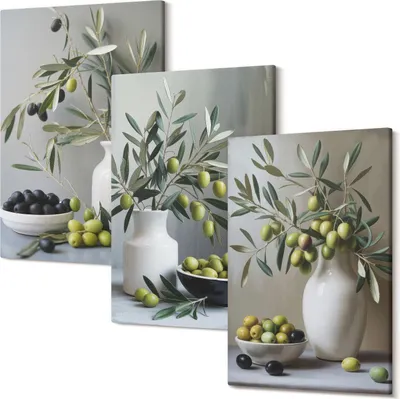 Produktbild von Leinwandbilder – Wandbilder – Leinwandbild – Canvas Bild – Polycanvas – Kunstdruck – – Modern – Aufhängefertig – Mehrteilig – 3-Teilig – 20x30 Cm Pro Bild - Oliven in Vasen mit Zweigen auf grauem Hintergrund