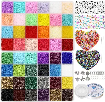 Immagine prodotto di Set di perline, 38.500 pezzi, perline di vetro rotonde da 2 mm, 260 perline a forma di lettera, colorate, per la creazione di gioielli