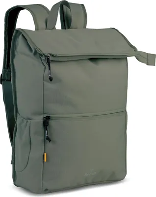 A khaki rucksack is shown against a white background.