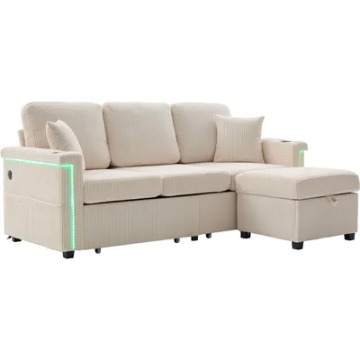 Produktbild von AIORBER Hochwertiges Samtsofa mit LED, USB-C, Stauraum, Getränkehaltern & Seitentaschen, 4-Sitzer Cord, modernes Wohnzimmer Sofa, Beige