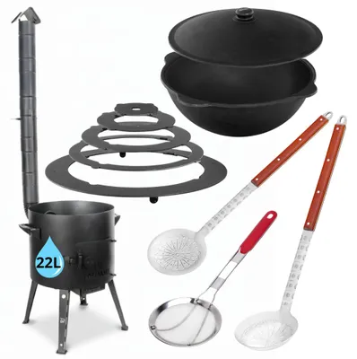 Produktbild von Utschak mit Kazan 22L Uchag Abzugsrohr Campingofen Feuerofen Kasan Aludeckel Eintopfofen Gulaschkanone Schaumlöffel Schöpfkelle