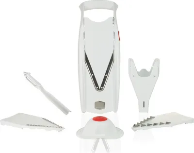 Produktbild von Börner V5 PowerLine Plus Set Gemüsehobel, Obst- & Gemüseschneider mit Fruchthalter, Scheibeneinschub, Sparschäler, 10 Schnittarten, 6 tlg. Set, Weiß