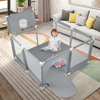 Produktbild von Laufstall Baby 126x126cm,Baby Laufstall mit Basketballkorb,Laufgitter baby mit atmungsaktivem Netz,Kinder laufgitter,Kleines Laufstall,Dunkelgrau