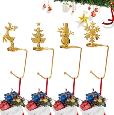 Produktbild von 4er Weihnachtsstrumpf Halter, Metall Strumpf Haken Weihnachtsstrumpf Aufh?nger fš¹r Kaminsims Aufh?nger Griffe mit Rutschfestem Design, Strumpfhalter fš¹r Nikolausstiefel/Nikolausstrumpf(Gold)