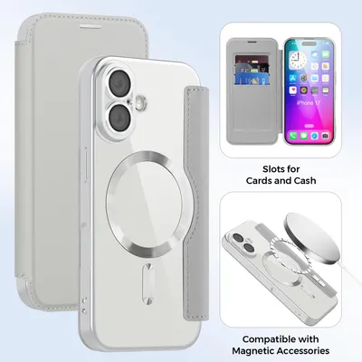 Image de Etui pour iPhone 17 compatible avec MagSafe, étui transparent avec porte-cartes, étui en cuir avec protection de l'appareil photo Argent