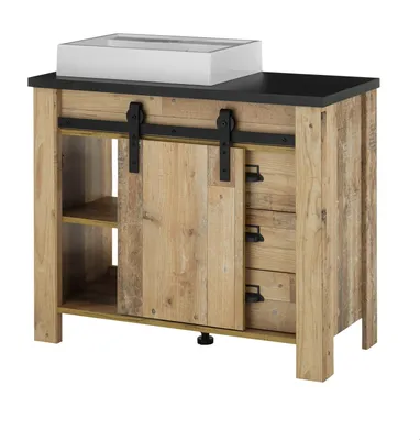 A bathroom vanity with a sink and sliding barn doors.