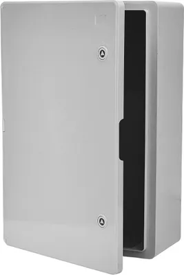 A light gray electrical enclosure with its door open, showing the dark interior.