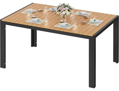 Imagen del producto de Mesa de jardín para terraza - Mesa rectangular de comedor de 140x90 cm - Estructura de aluminio - Superficie de la mesa con aspecto de madera (WPC) - Para 6-8 personas - Resistente a la intemperie - Patas de teca negras